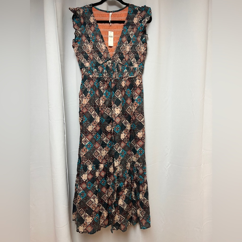 Anthropologie Blue & Brown Patterned Midi Dress - Picture 6 of 13